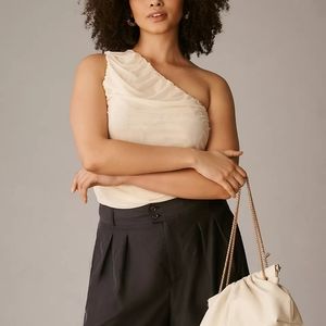 Anthropologie One-Shoulder Ruched Sheer Crop Top Off White Dressy